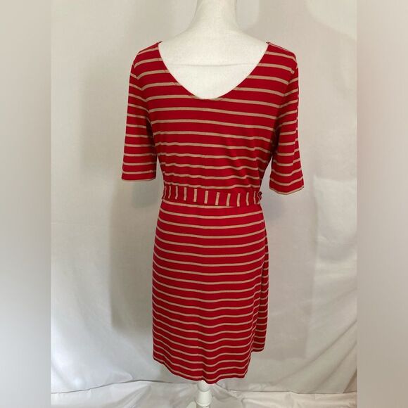 Banana Republic Dress Women's Large Red Tan Stripe Short Sleeve Knee Length - Picture 3 of 11